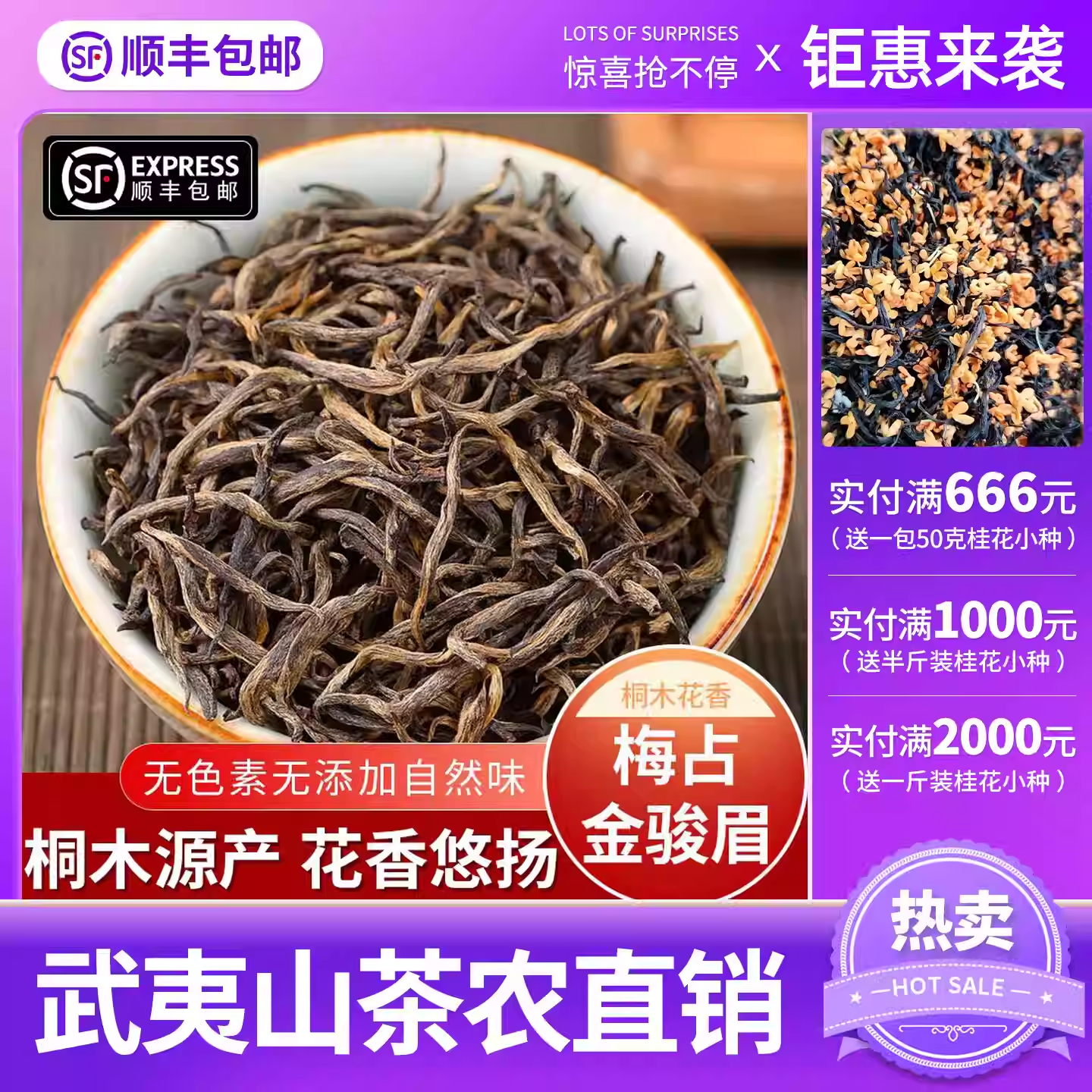梅占金骏眉蜜兰花香桐木关特级正宗武夷山红茶500g礼盒罐装新茶叶